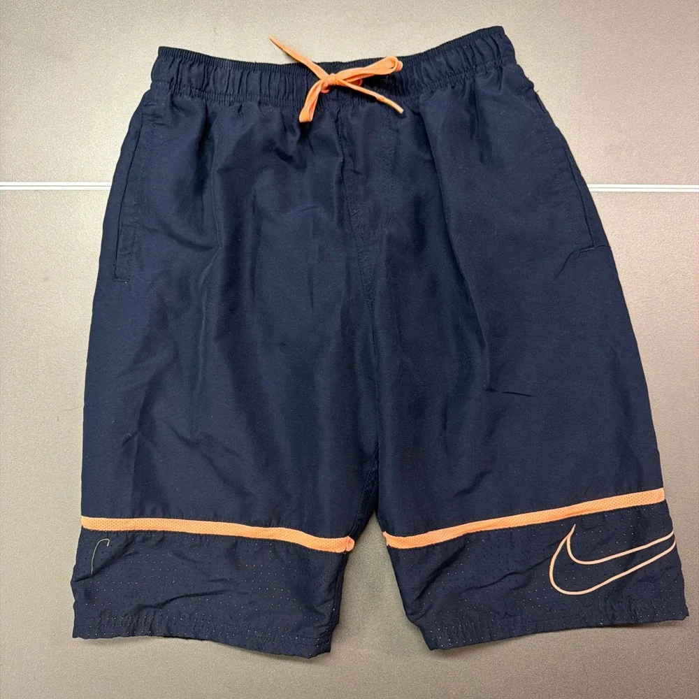 Nike Men's Swim Trunks Navy Orange Lined Drawstring Shorts Size Small S